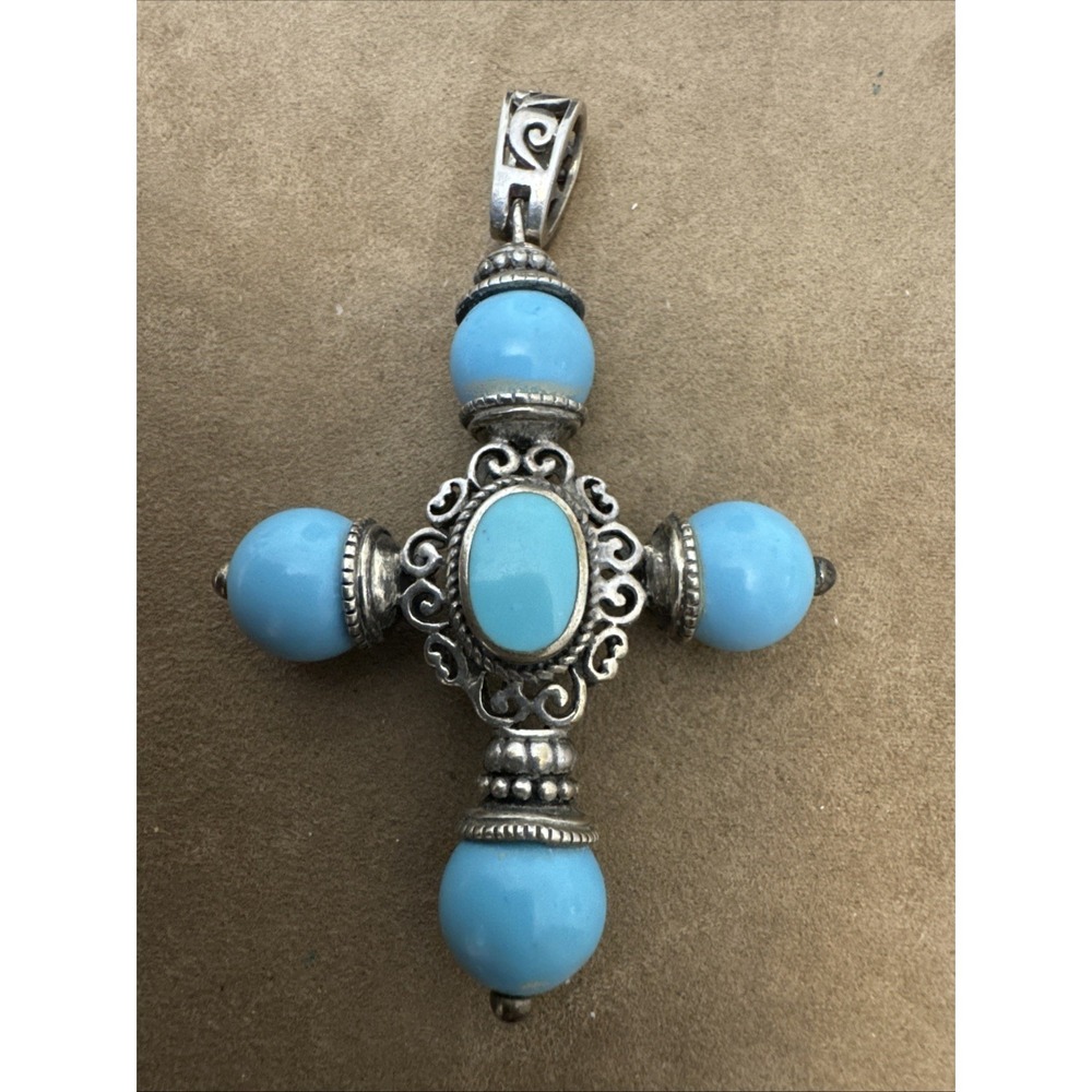 Vintage Sterling Inlaid 925 Large Turquoise Beads Cross Pendant  3" Boho VNTG